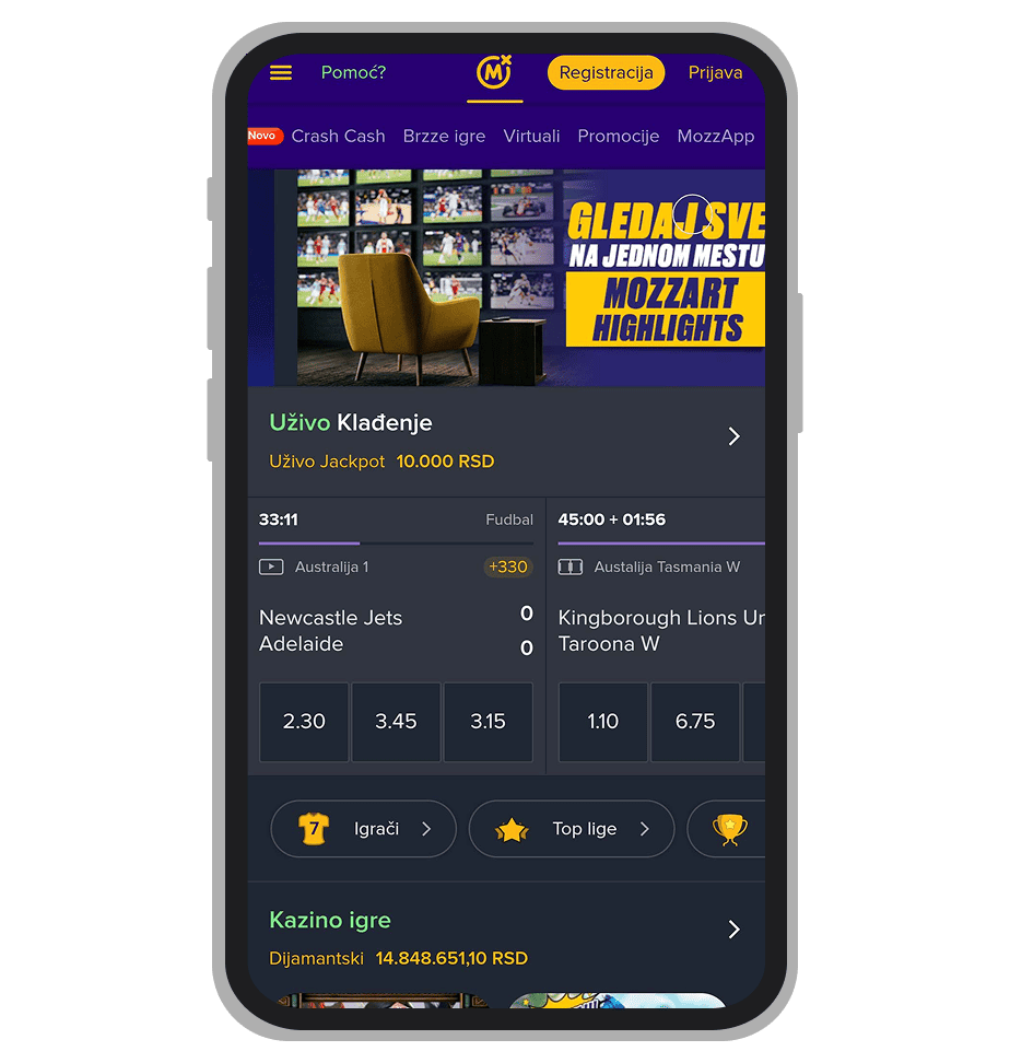 Početna stranica Mozzart Bet-a