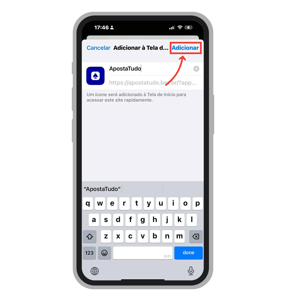 Tela do iOS para adicionar o atalho da Apostatudo à Tela de Início