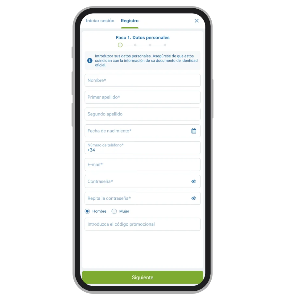 Formulario de registro en 1xBet España con campos de DNI/NIE y datos personales