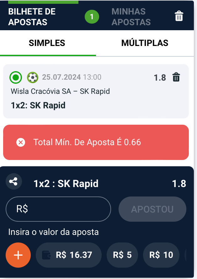 Aposta mínima aceita na 2oBet é de R$0,66