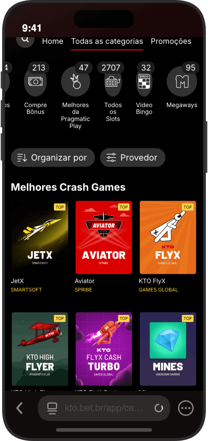 Categorias do cassino KTO com contagem de 2.707 slots, crash games exclusivos KTO High Flyer, KTO FlyX e Mines