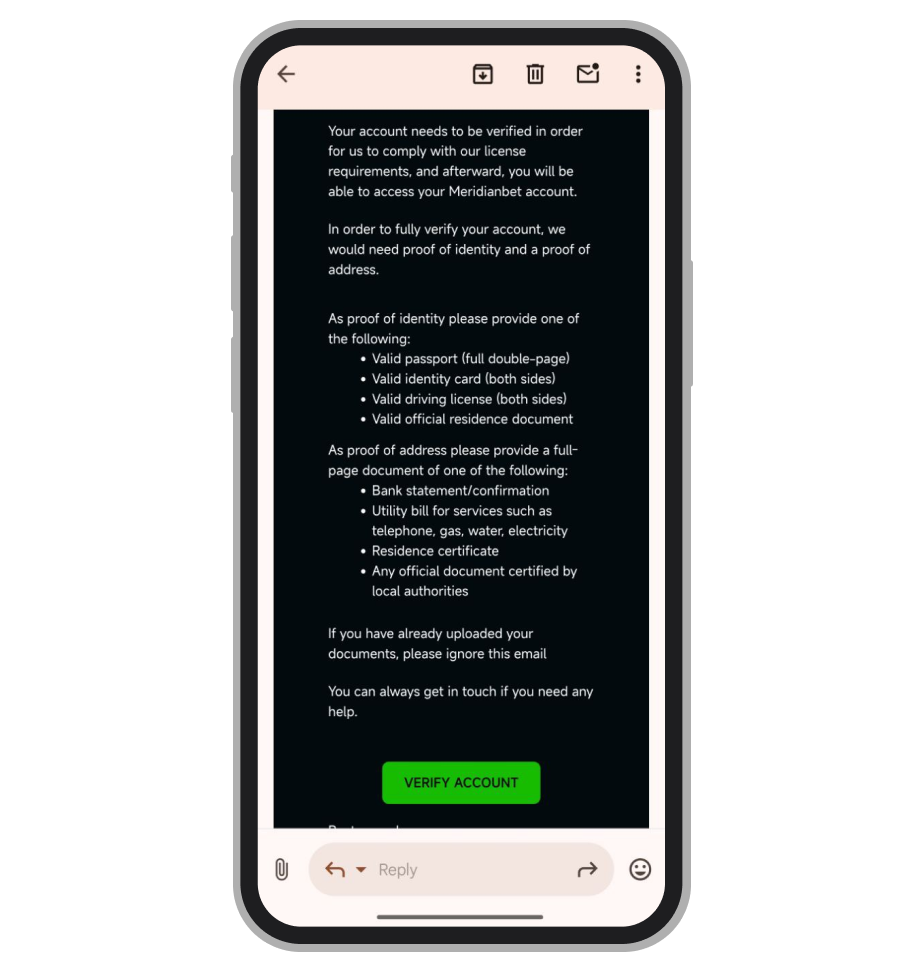 Письмо с просьбой о верификации аккаунта