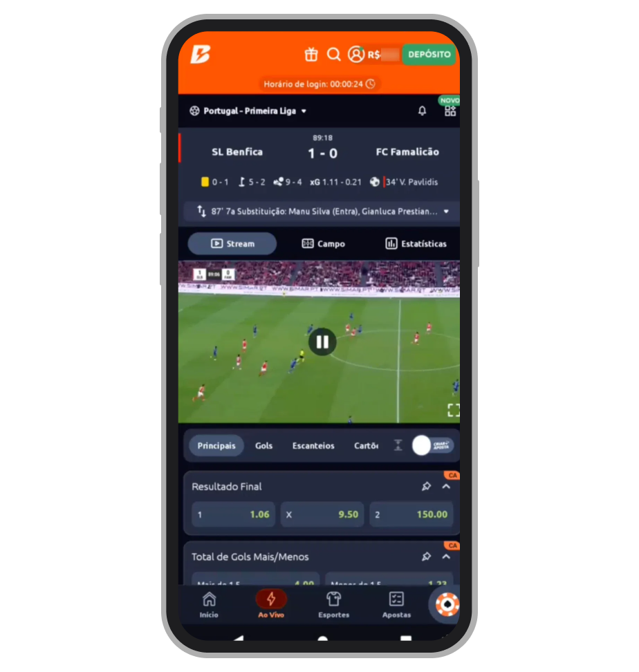 Streaming de futebol no aplicativo da Betano 
