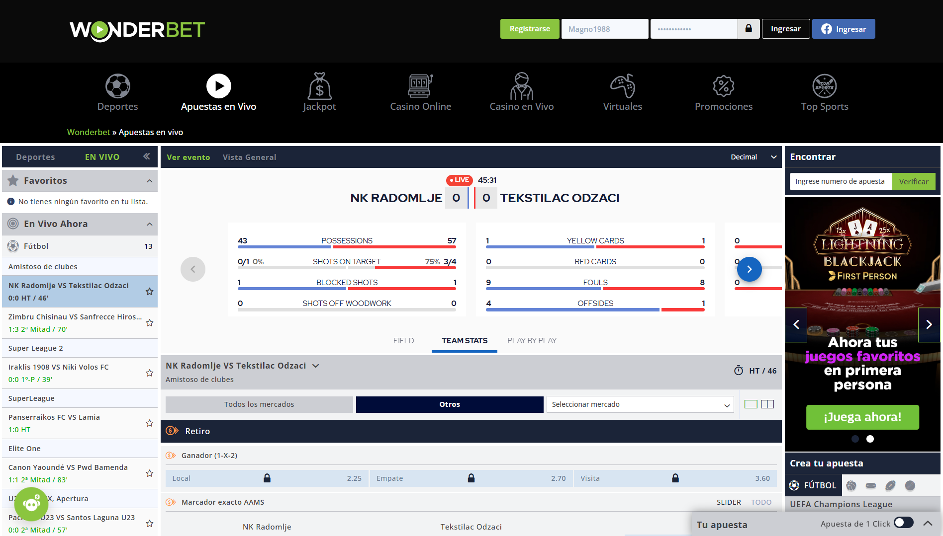 Apuestas en Vivo y Stats (Estadísticas)