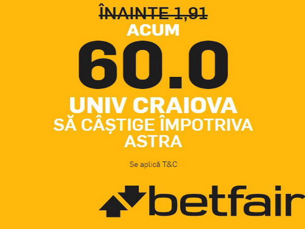 legalbet.ro: U Craiova are cota 60.00 dacă o învinge pe Astra Giurgiu.