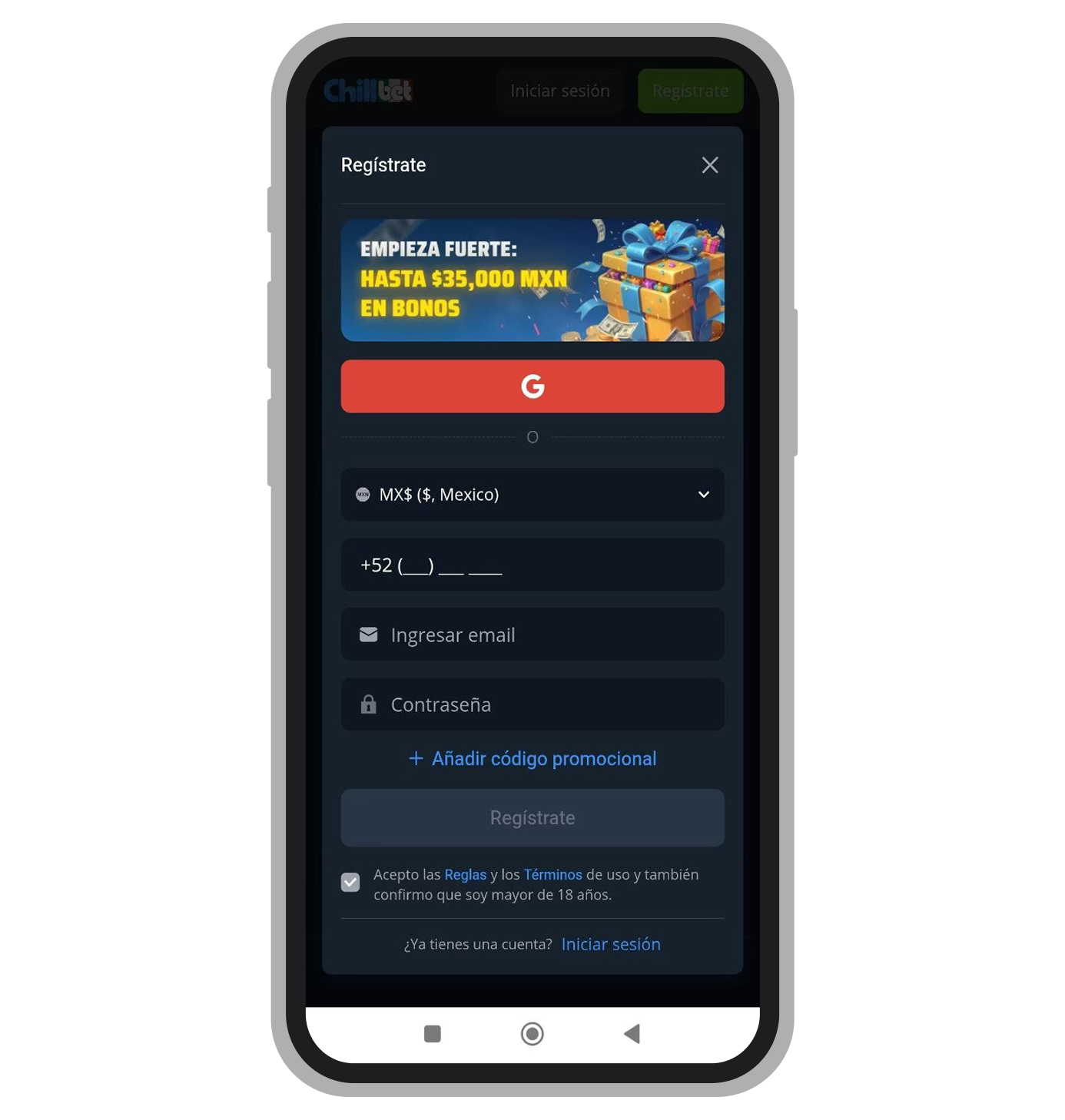 Ventana de registro. Chillbet