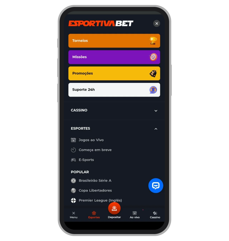 Menu principal do aplicativo Esportiva.bet com acesso a torneios, missões, promoções, esportes e cassino