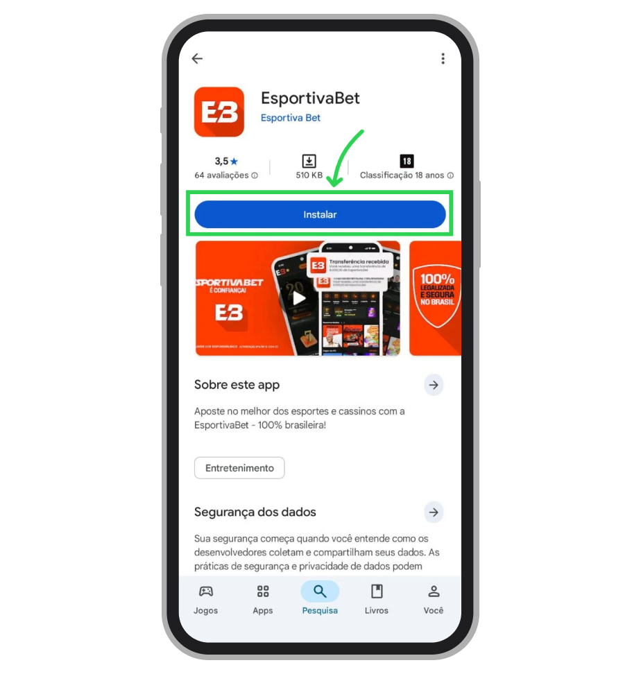 Toque no botão “Instalar” na página oficial do aplicativo Esportiva.bet na Google Play 