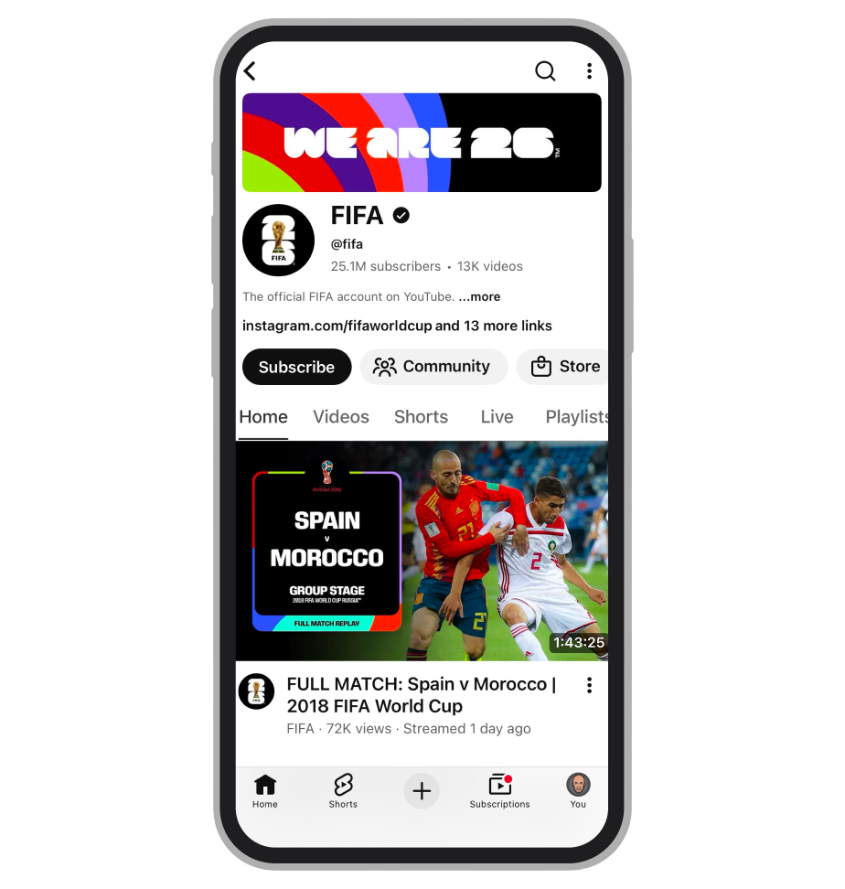 The official FIFA World Cup YouTube channel (@FIFAWorldCup) — 2026 tournament content, highlights and behind-the-scenes videos