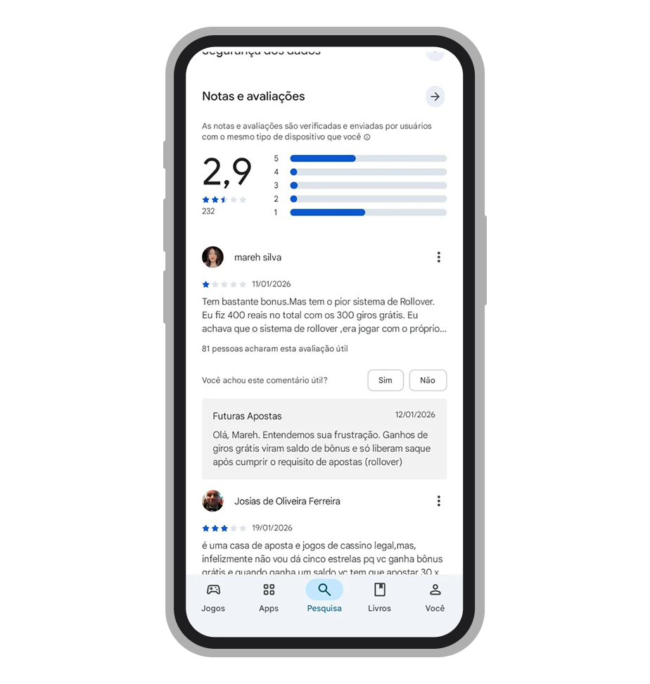 Avaliações de usuários do app Brazino777