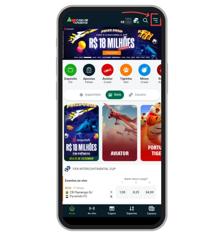 Toque no menu da conta