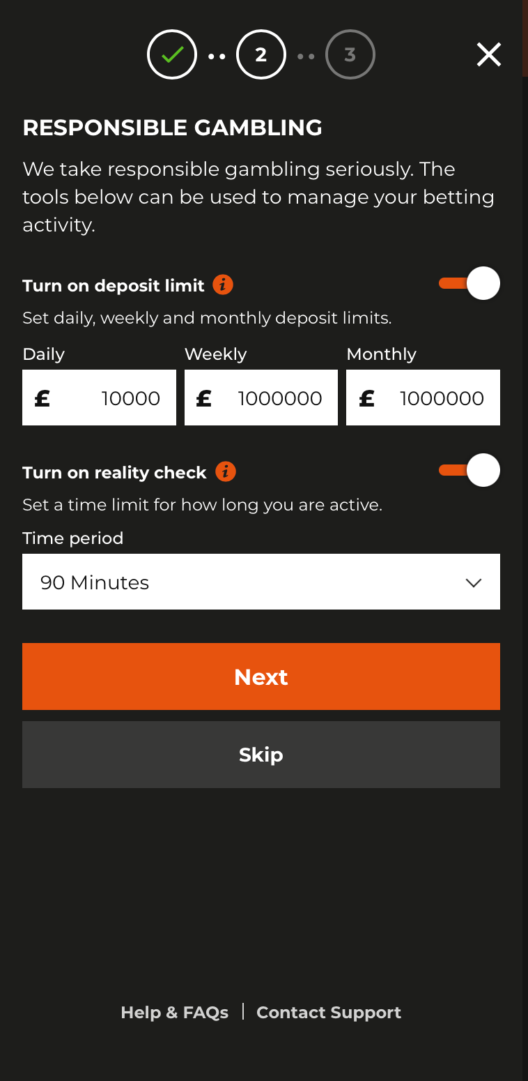 Select a daily, weekly, or monthly deposit limit and complete a reality check