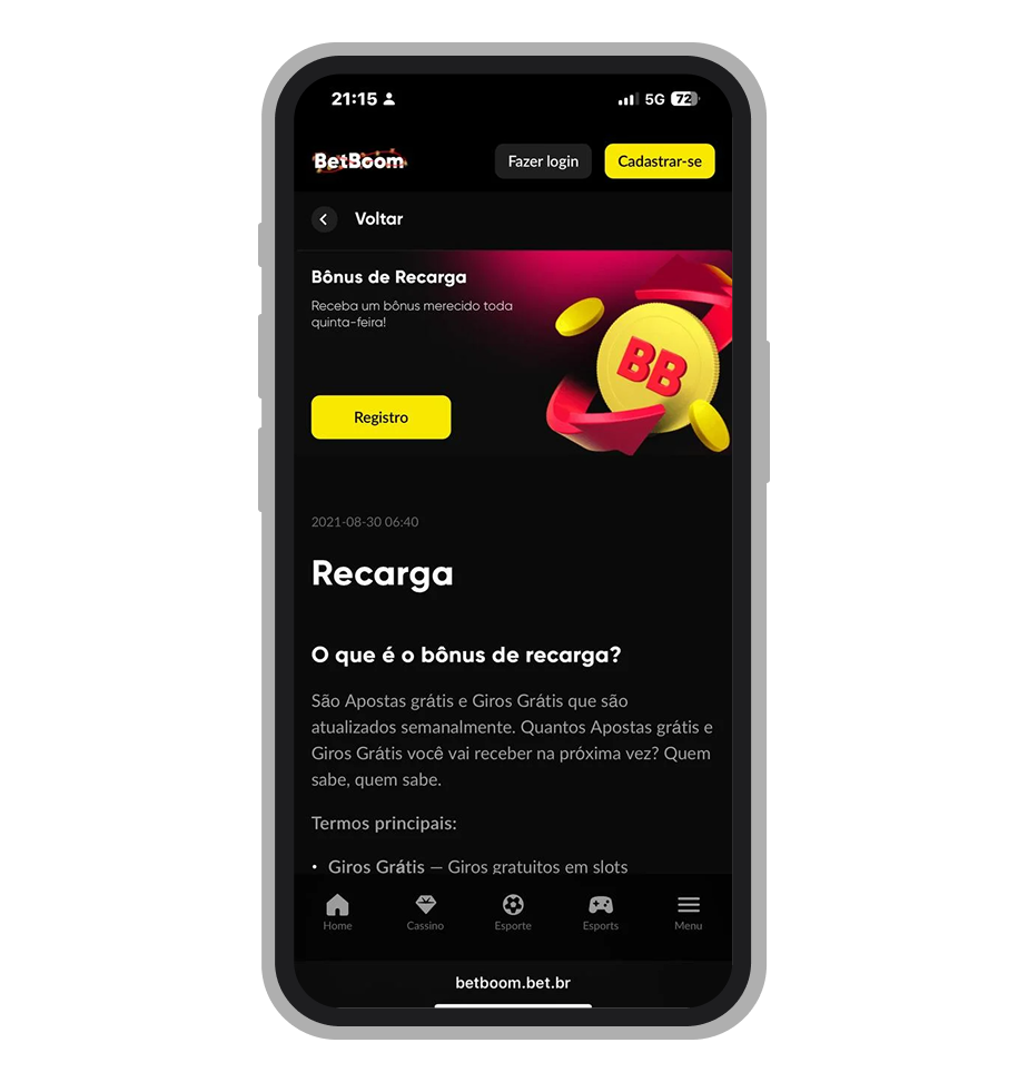 Página "Bônus de Recarga" no mobile