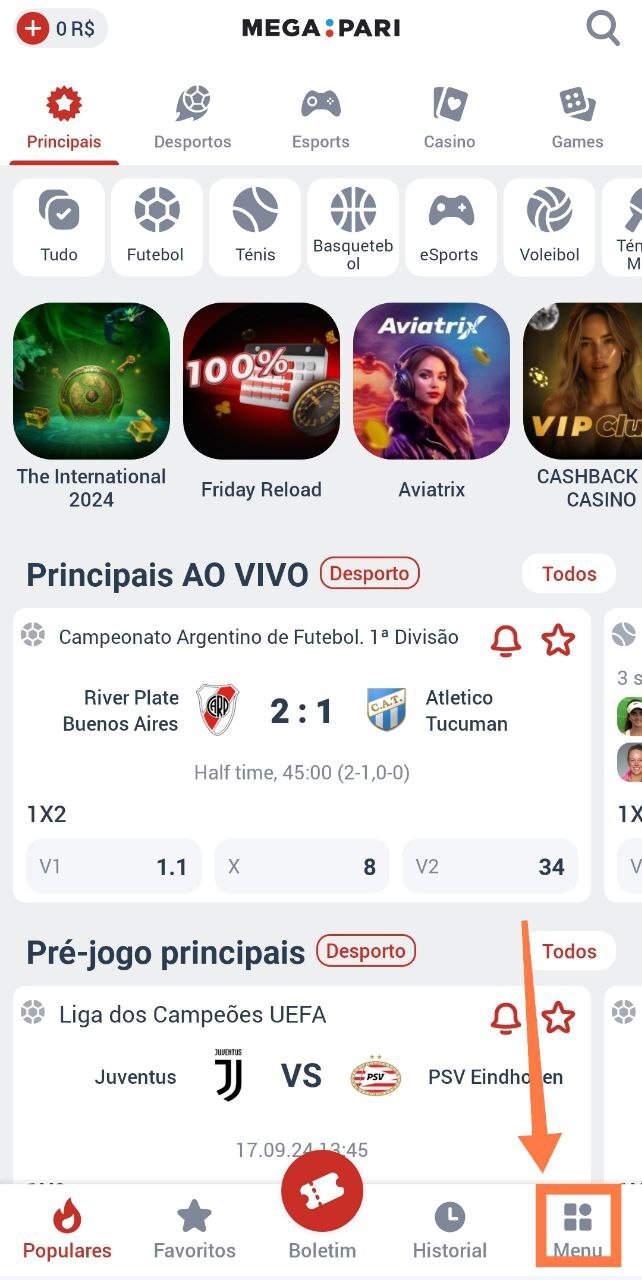 Acesse o menu principal