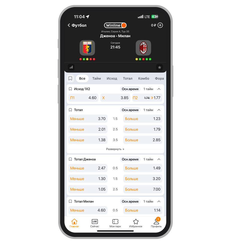 Увеличенный коэффициент на победу «Милана»
