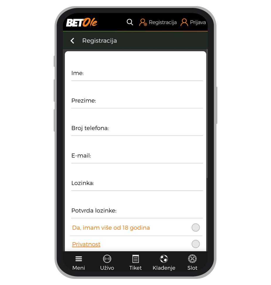 Stranica za registraciju na Bet Ole