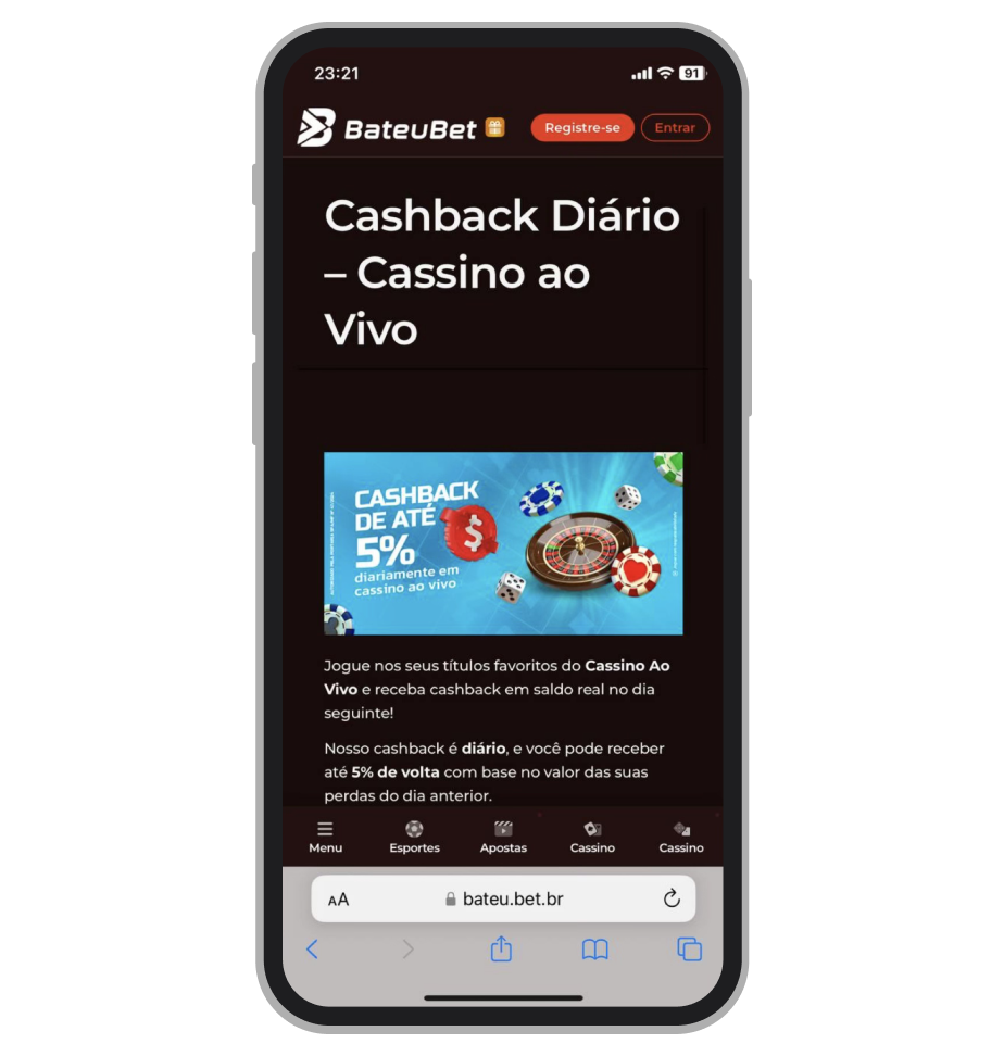 Cashback no cassino ao vivo da Bateubet