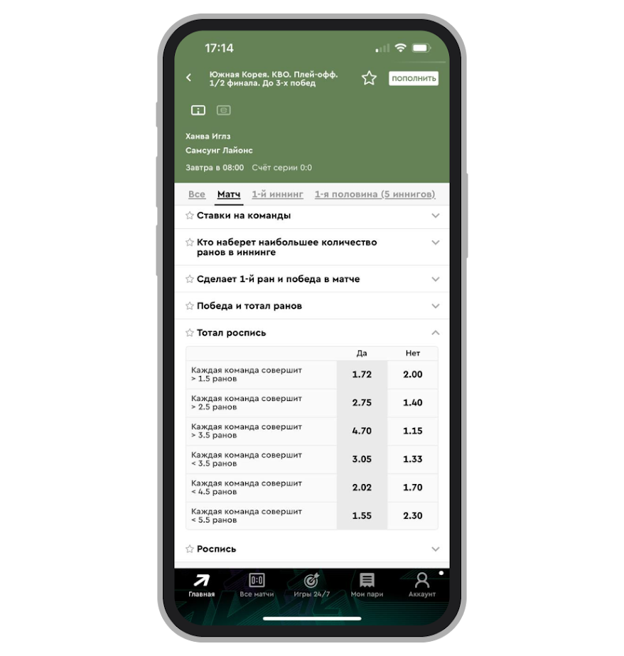 Роспись на тотал в матче плей-офф KBO 