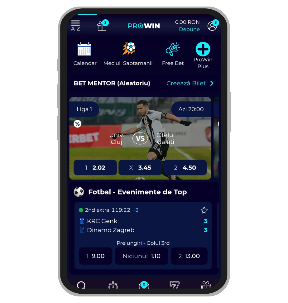 Meniu principal ProWin Sport pe mobil