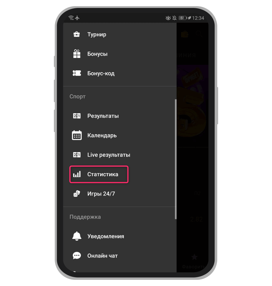 Раздел статистики в меню приложения