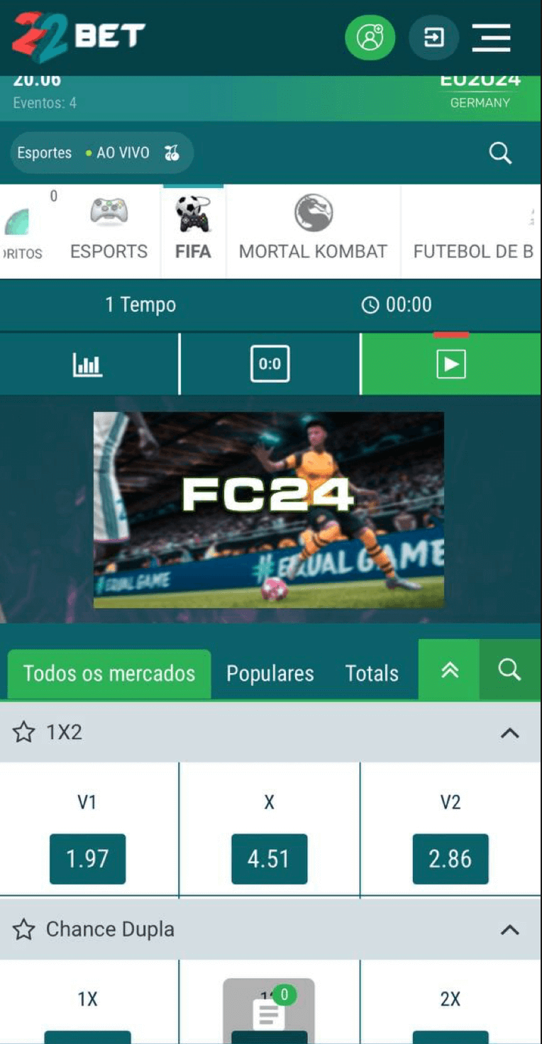 Além de ótimas odds na 22Bet você encontrará muitos eventos e mercados de FIFA.