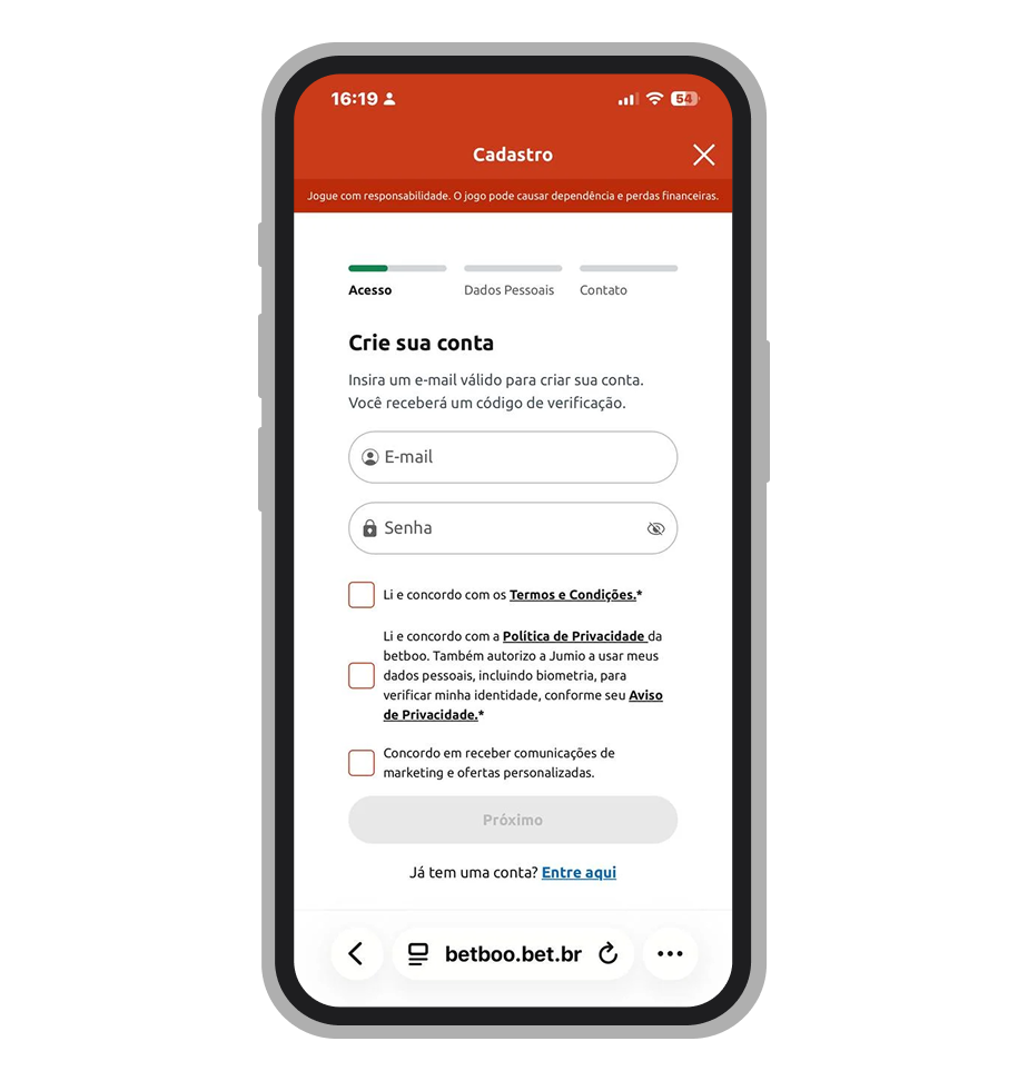 Formulário de cadastro da Betboo com campos de e-mail, senha e aceite dos Termos e Condições
