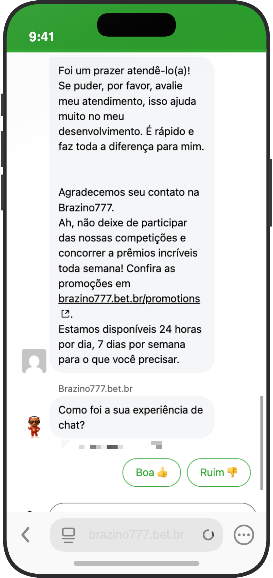 Chat ao vivo da Brazino777 com avaliação do atendimento