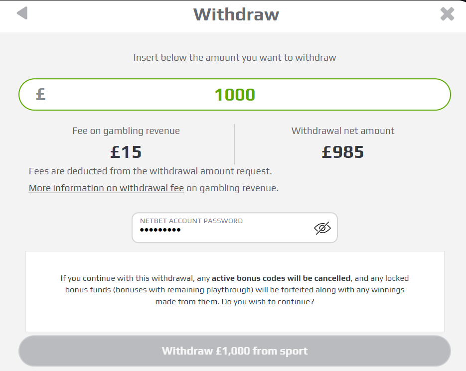 Enter withdrawal amount and NetBet password