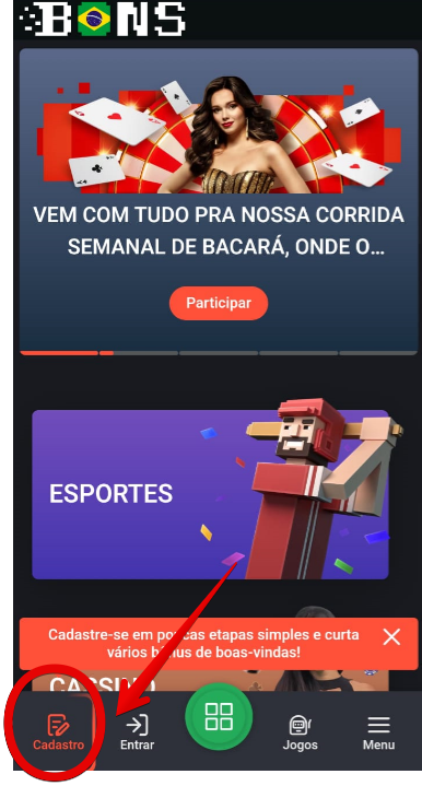 Inicie seu cadastro clicando no botão vermelha na tela inicial