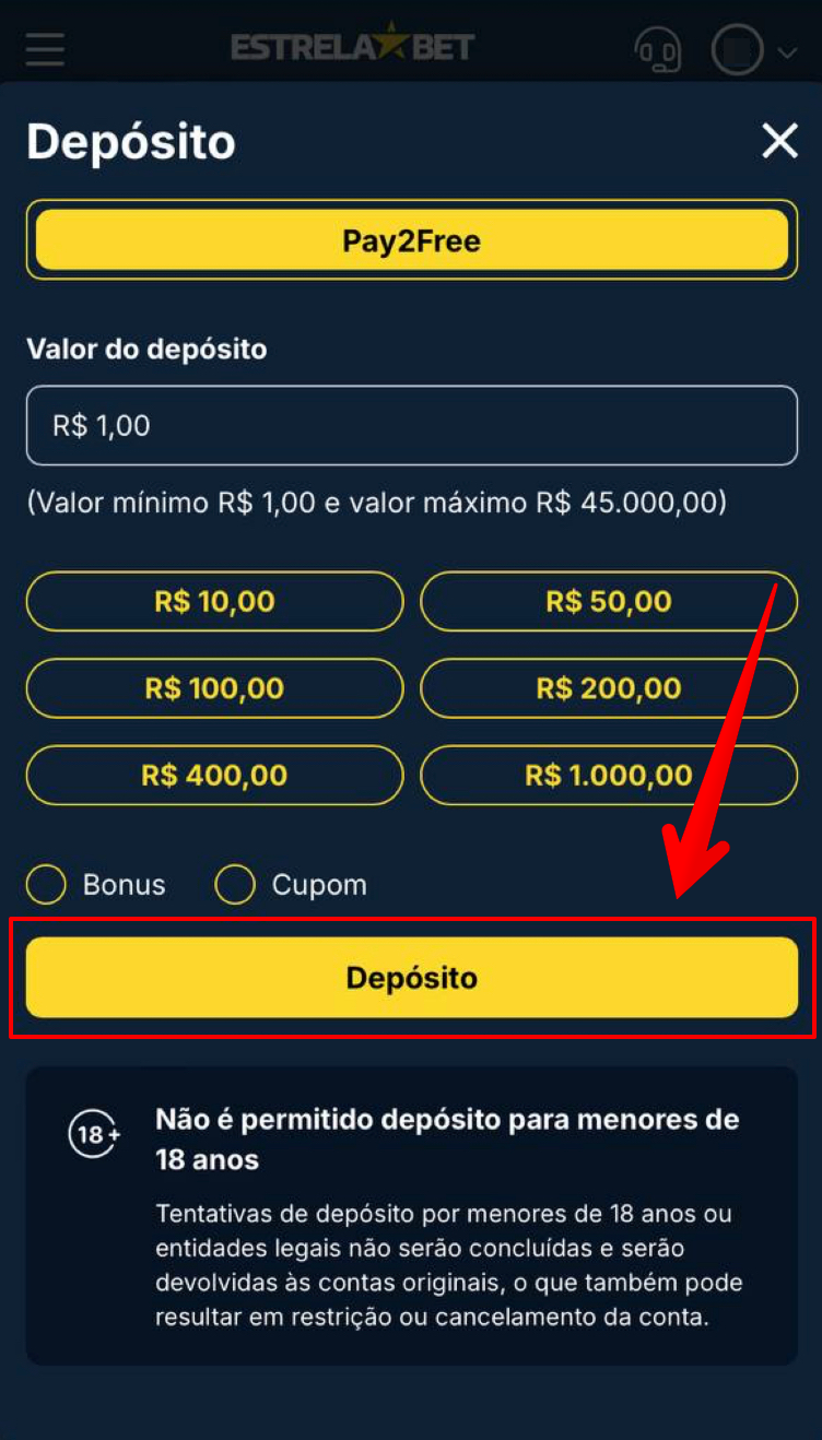 Insere o depósito mínimo da Estrela Bet e confirme o pagamento