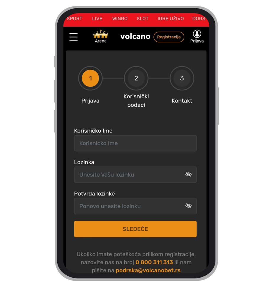 Volcanobet formular za registraciju