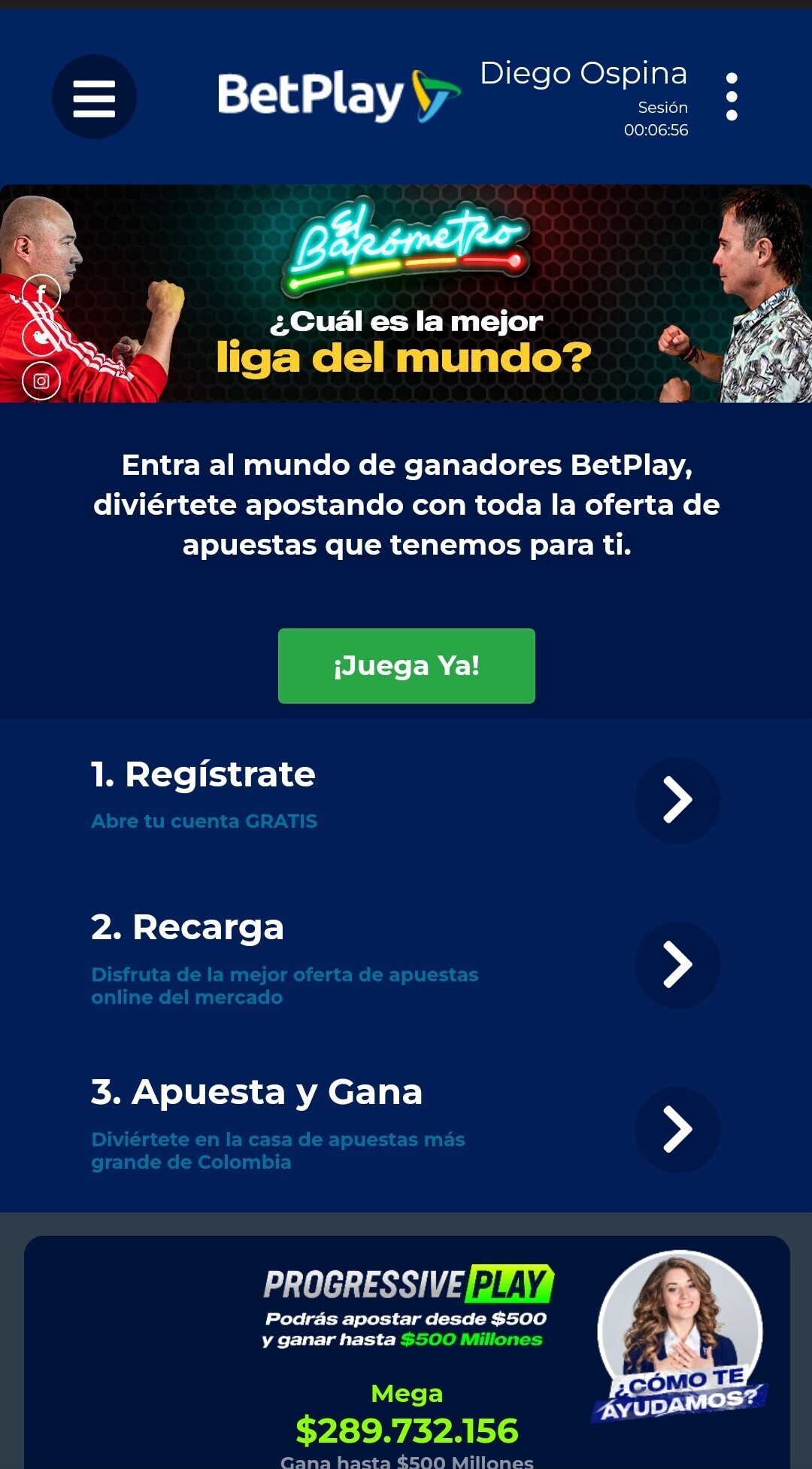 Página de inicio, BetPlay móvil