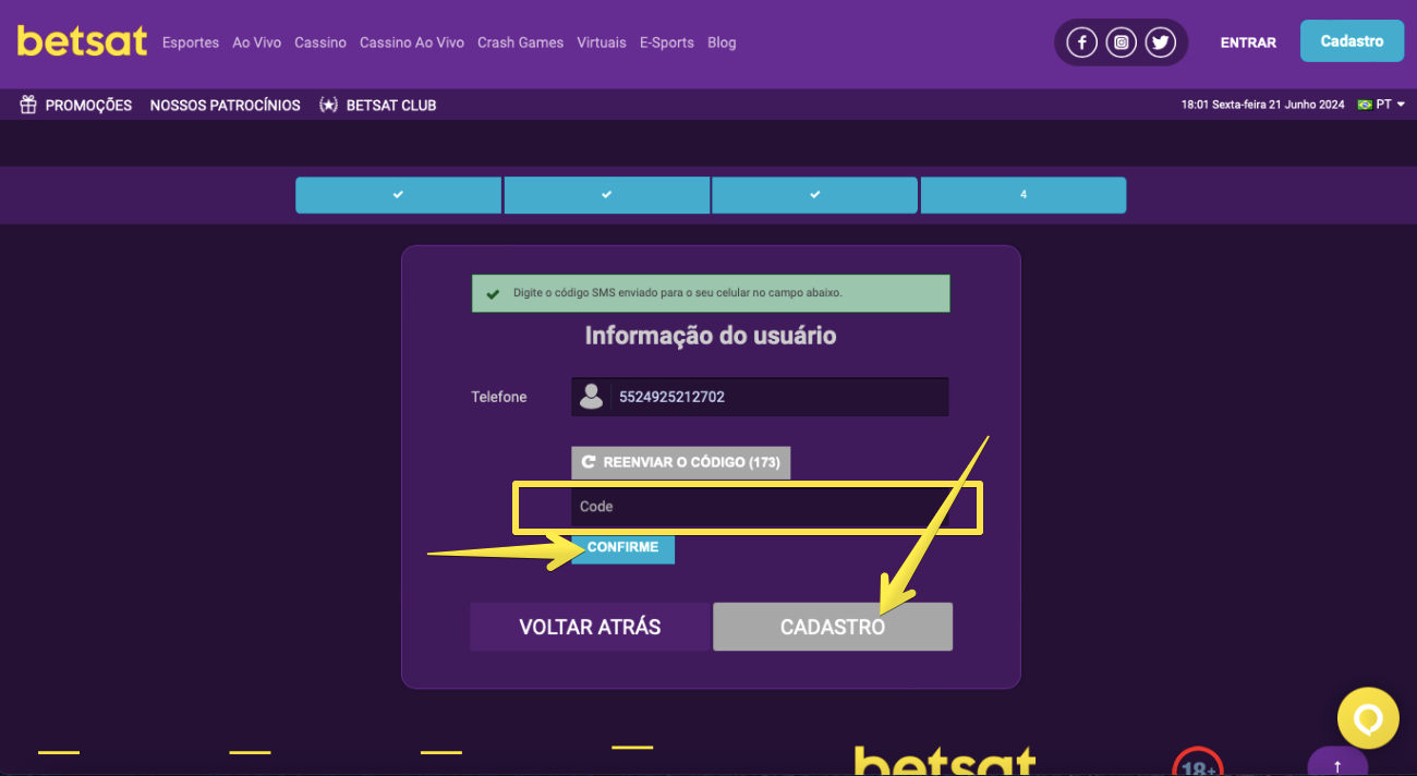 Valide número de celular e presisone o botão ‘Cadastro’