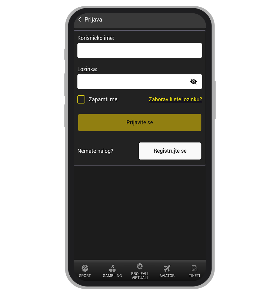 Soccer Bet registracija naloga u aplikaciji