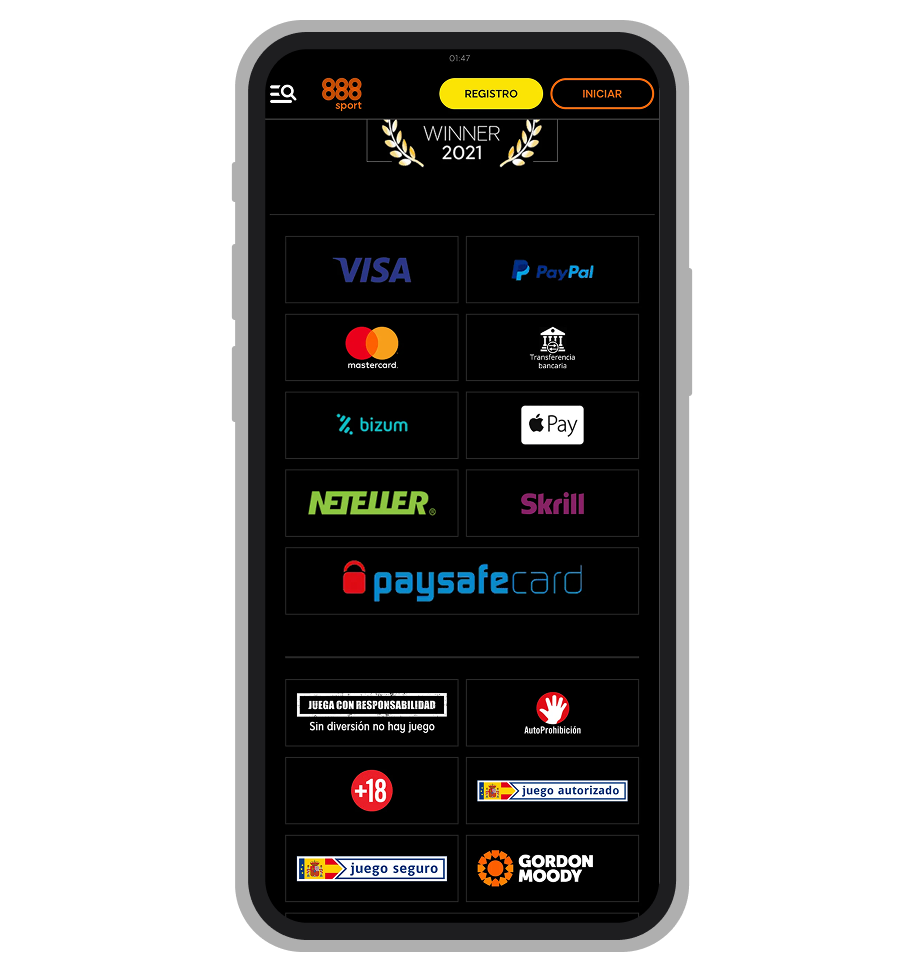 Métodos de pago disponibles en 888Sport para depósito y retirada: Visa, Bizum, PayPal, Skrill y paysafecard