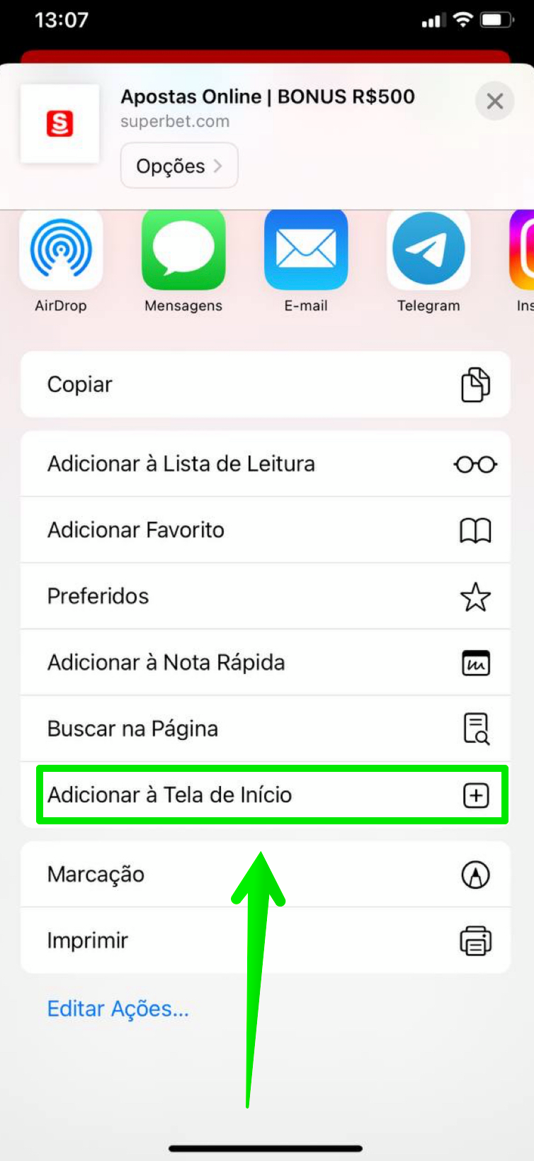 Escolha a opção “Adicionar à Tela Inicio”