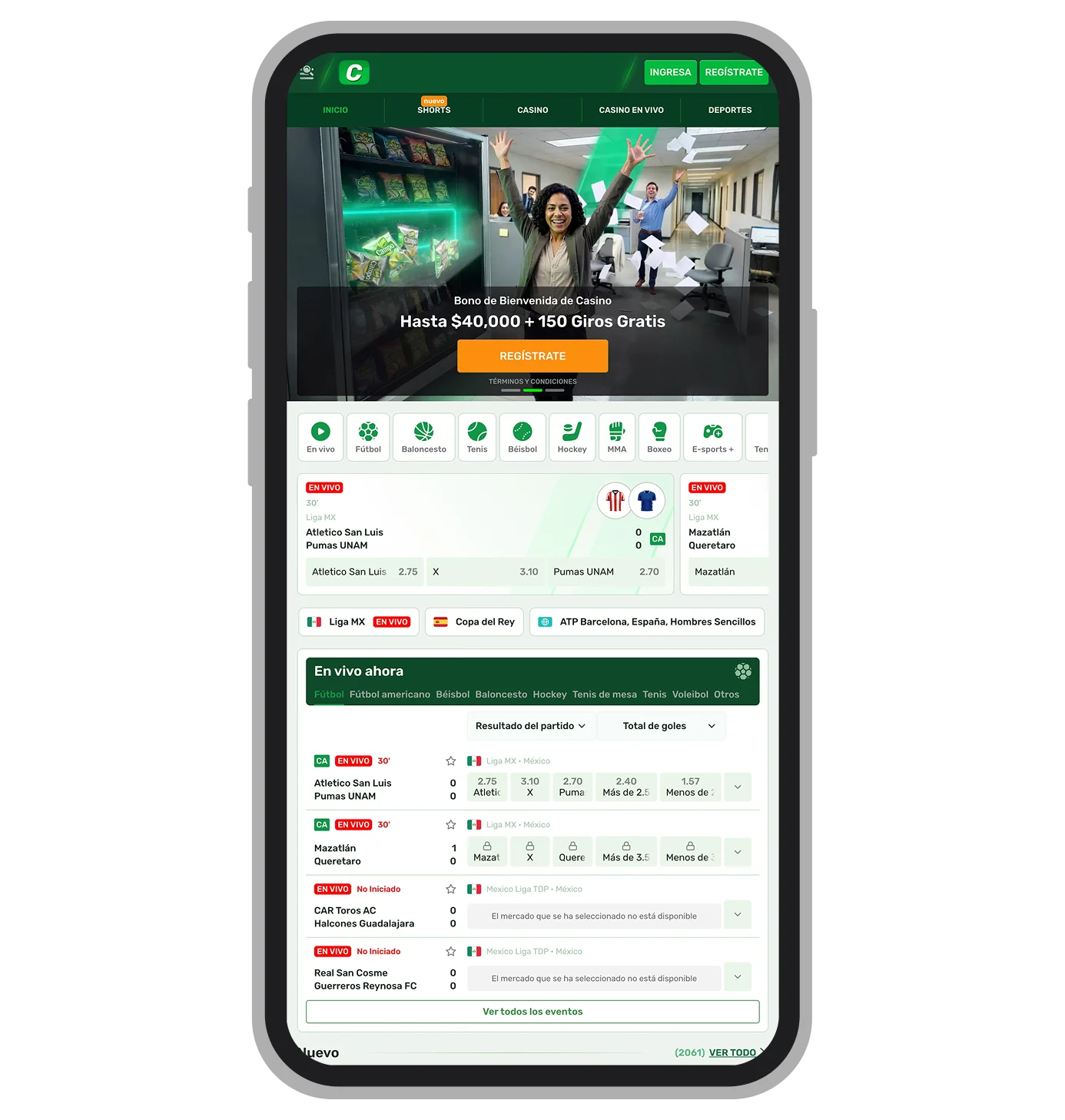 Interfaz de apuestas deportivas de CampoBet México 