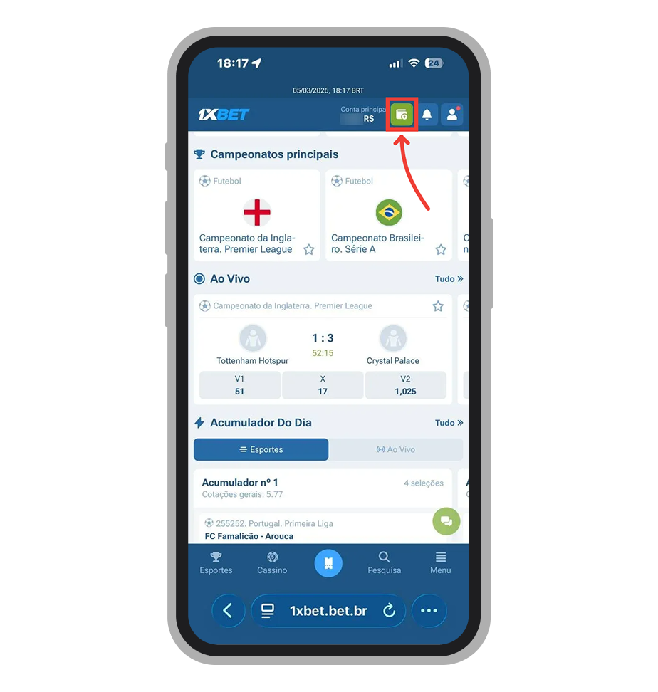 Toque no botão verde com ícone de carteira na tela inicial do aplicativo 1xBet
