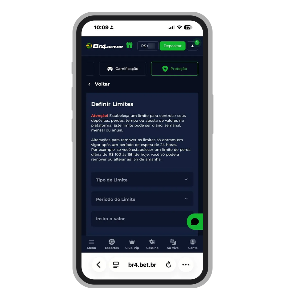 Menu Proteção do Jogador da Br4Bet com opções de limites de depósito, perda e autoexclusão