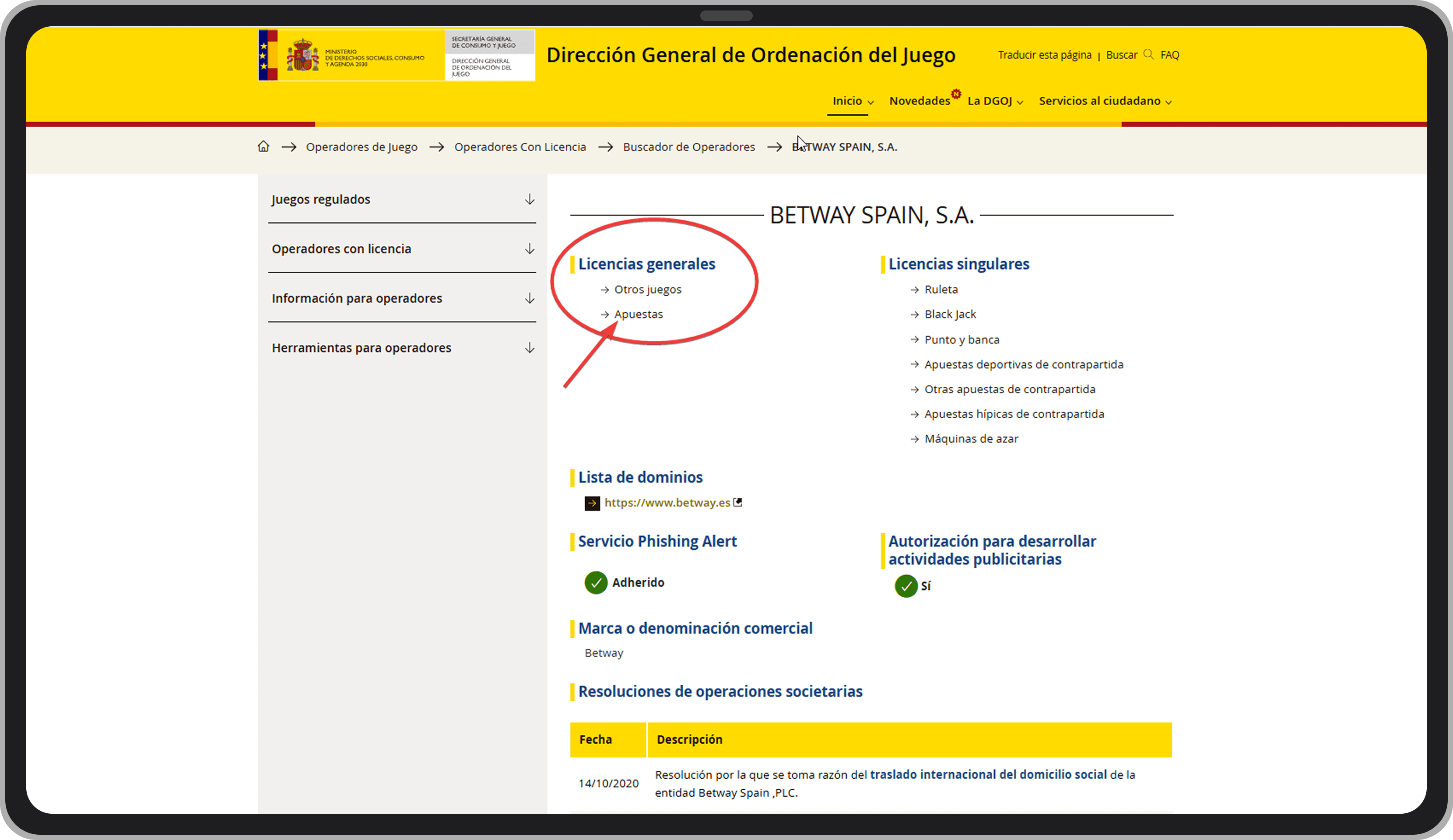 Página de Betway en el sitio web de la DGOJ