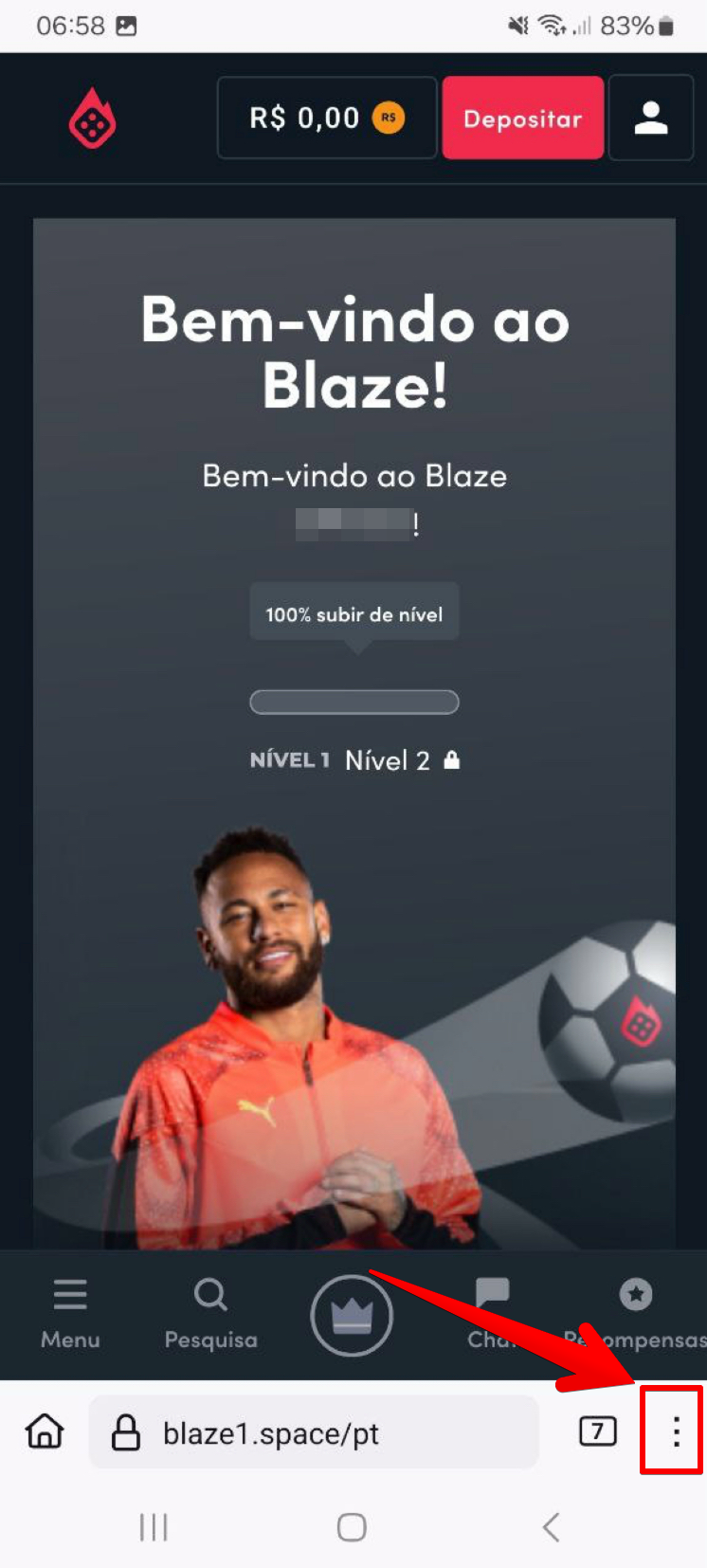 Entre no site e acesse o menu do navegador