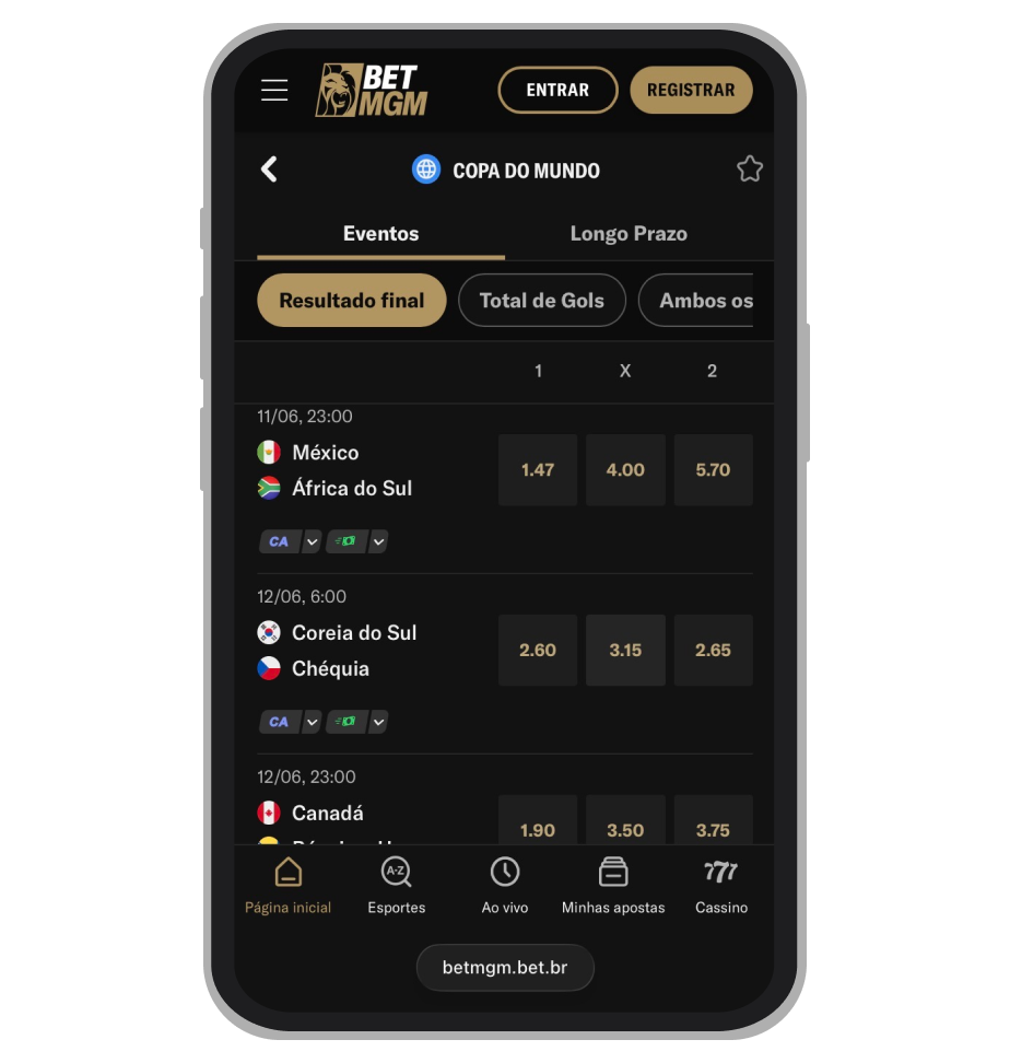 Linha de apostas da Copa do Mundo na BetMGM