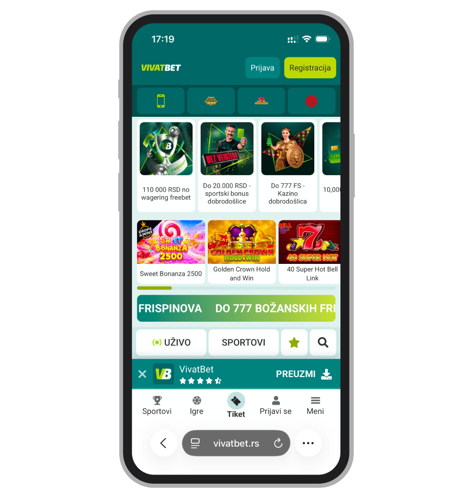 VivatBet mobilna početna stranica