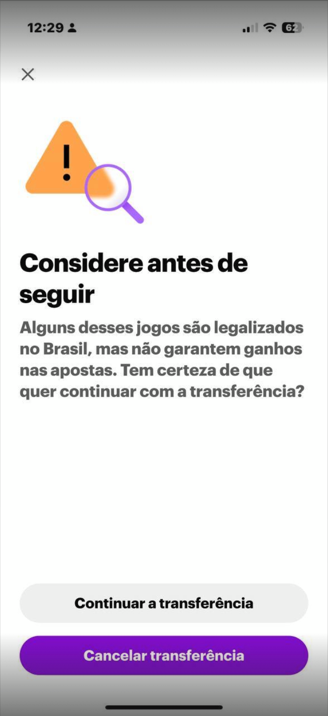 A notificação no app do banco Nu sobre Pix para uma casa de apostas