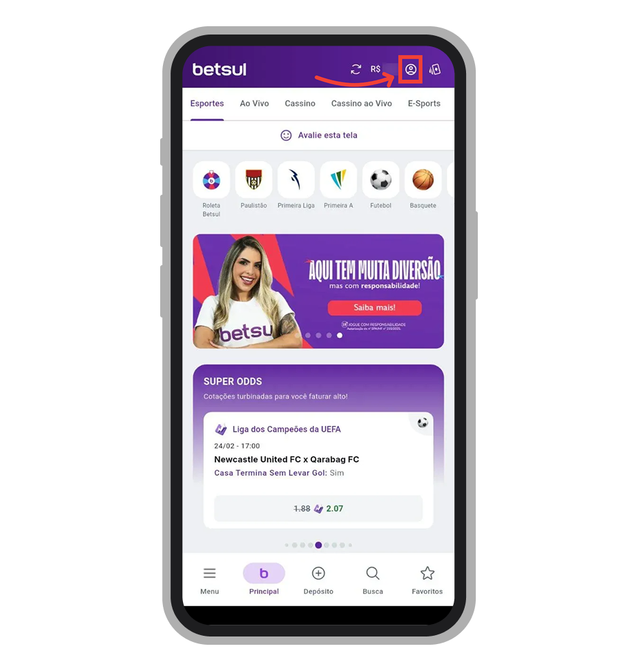Toque no ícone redondo com um perfil humano