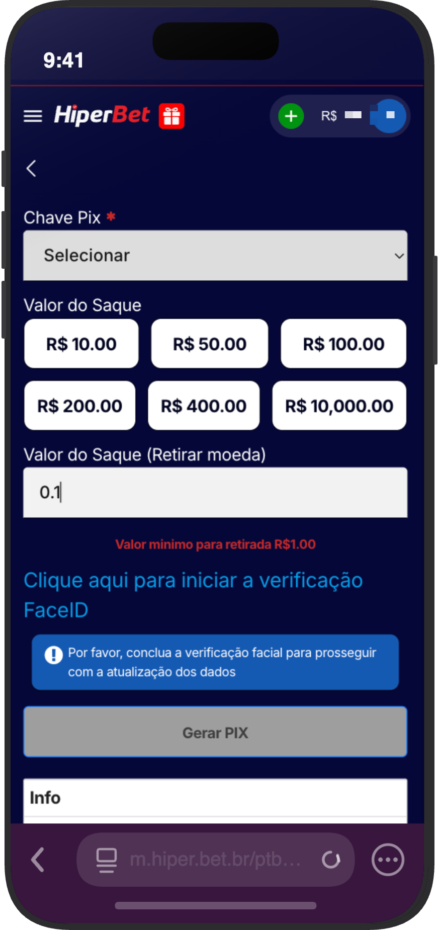 Tela de saque da HiperBet com verificação FaceID obrigatória, chave Pix e valor mínimo de R$ 1