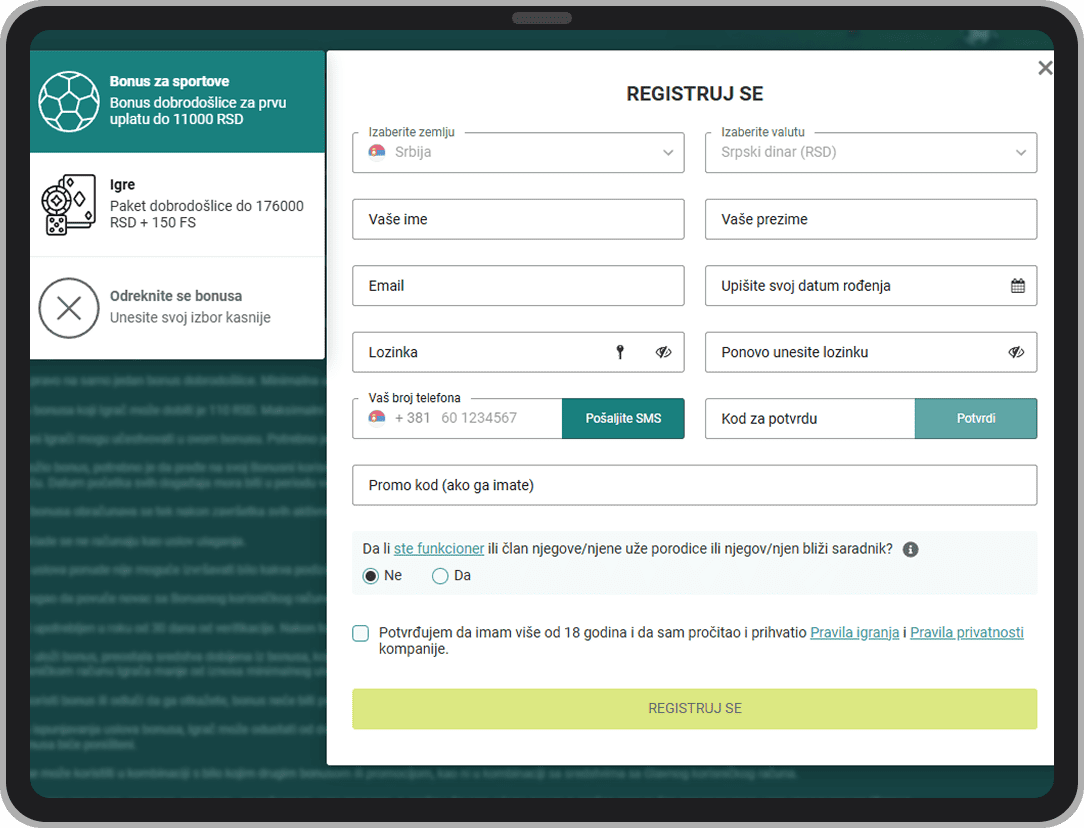 Online registracija na VivatBet