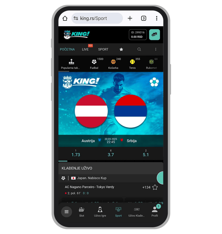 King glavna stranica sa sportovima