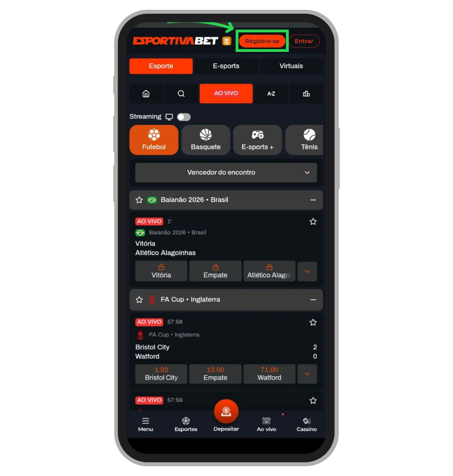 Toque no botão “Registre-se” na tela inicial so app Esportiva.bet
