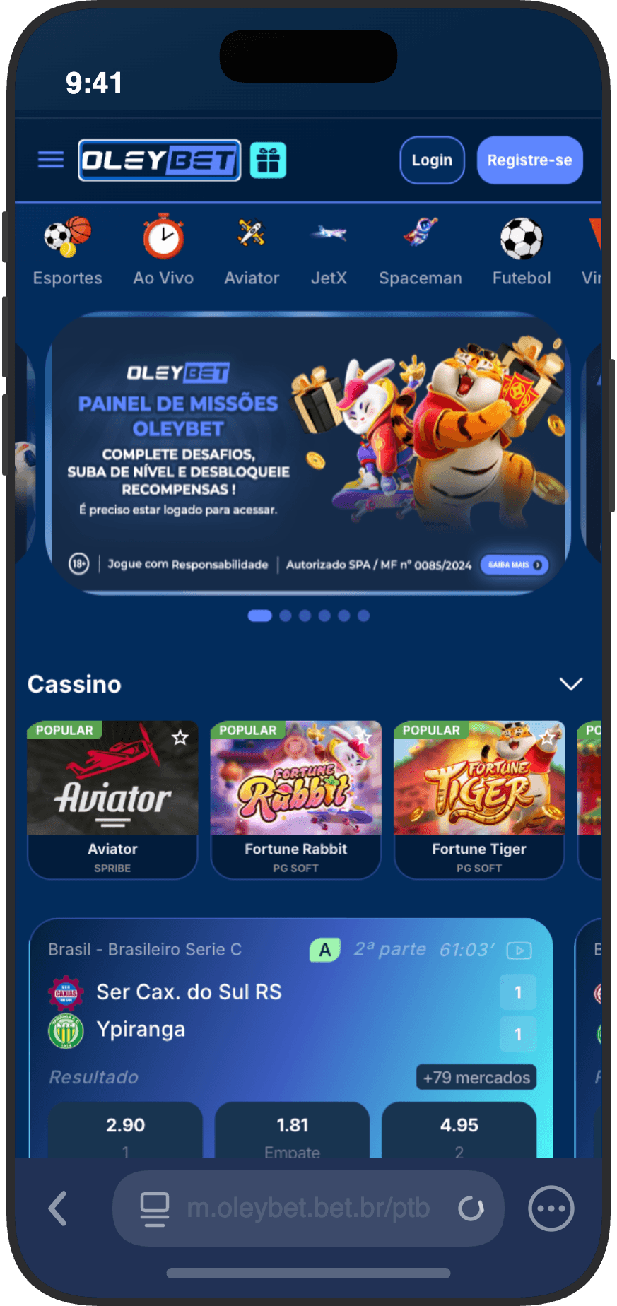 Tela principal do cassino OleyBet com seção de jogos populares e banner de missões